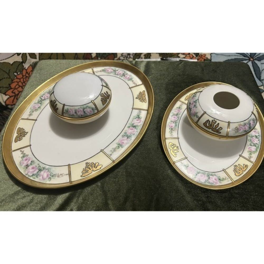 RARE 6-PC Vintage Limoges Vanity‎ Hair Receiver Powder Cont. & Pair Of Trays Wow